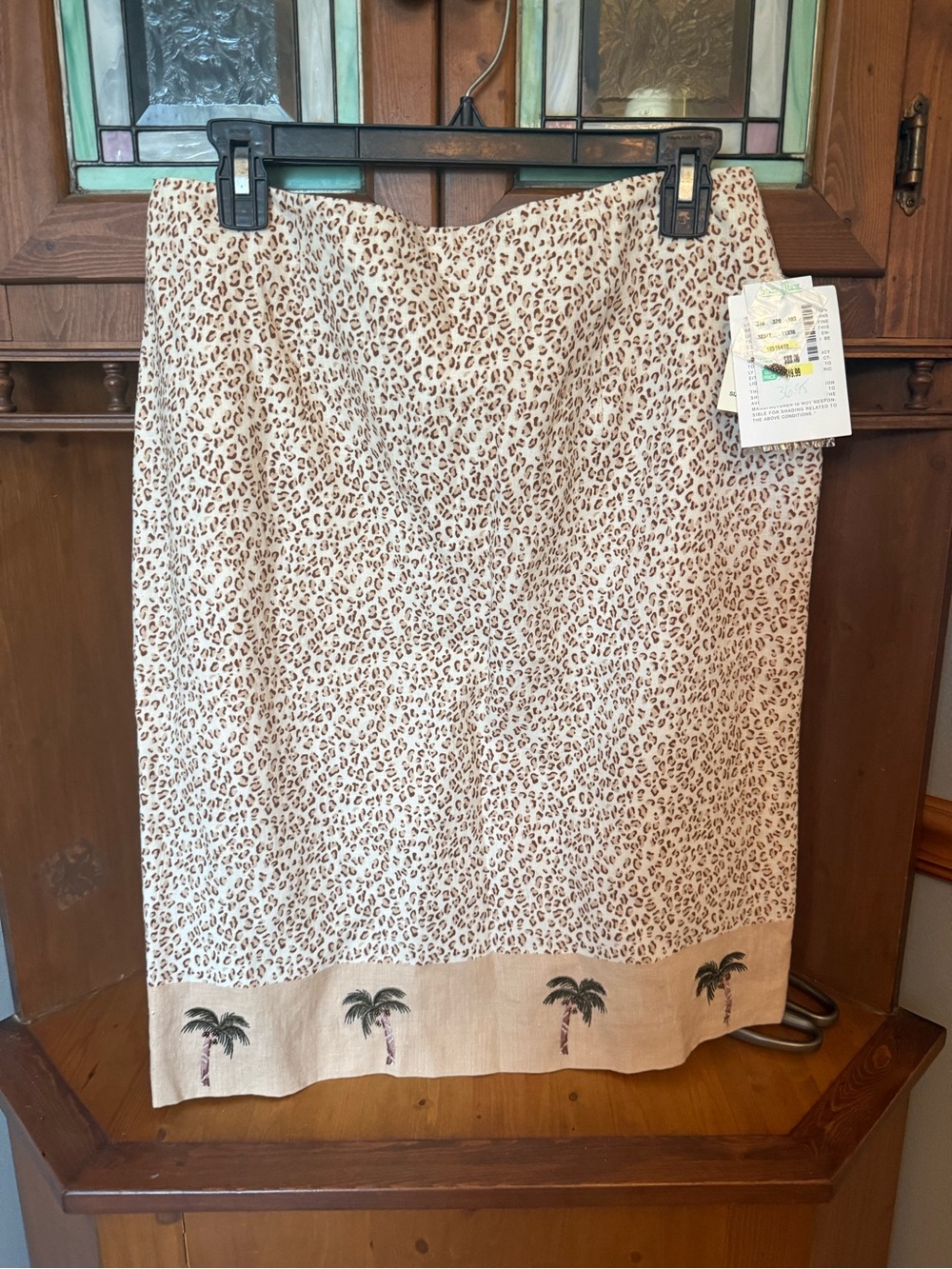 Silk Club Collection Linen embroidered/bead palm tree pencil fit Skirt 12 NWT